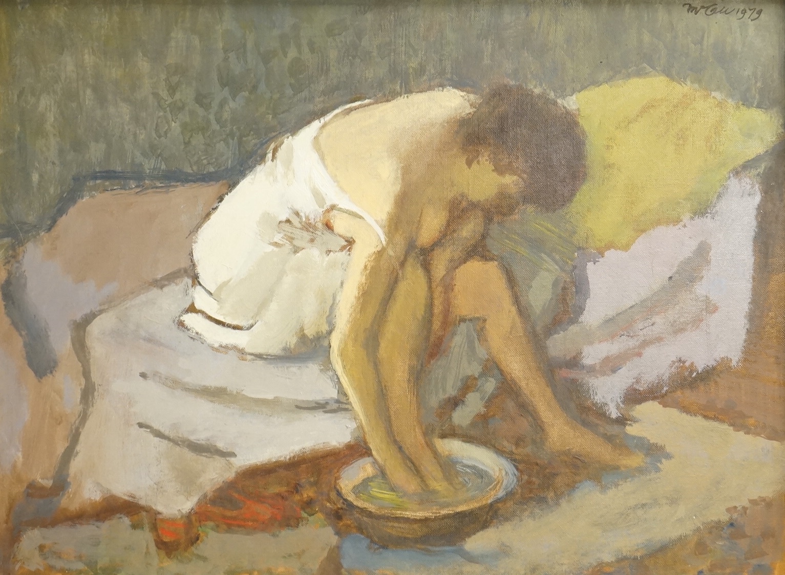 Charles McCall (Scottish, 1907-1989), 'The Footbath', signed and dated 1979, various labels to include Christies, St. James, London, September 1995 verso, oil on board, 29 x 39cm